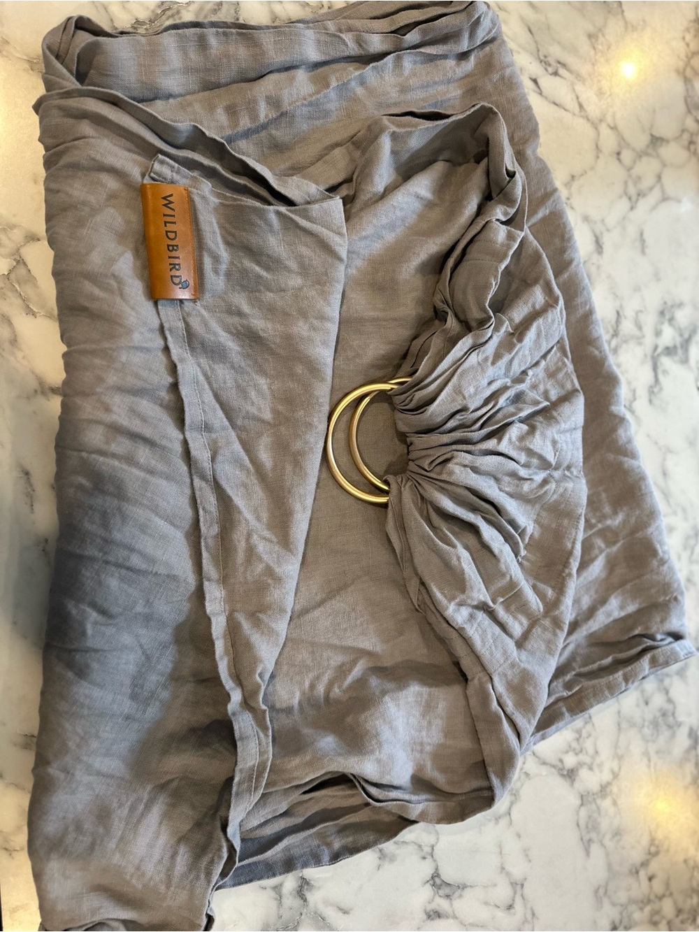 Wildbird Women's Grey Wrap for baby wear. Rings are rose gold tone